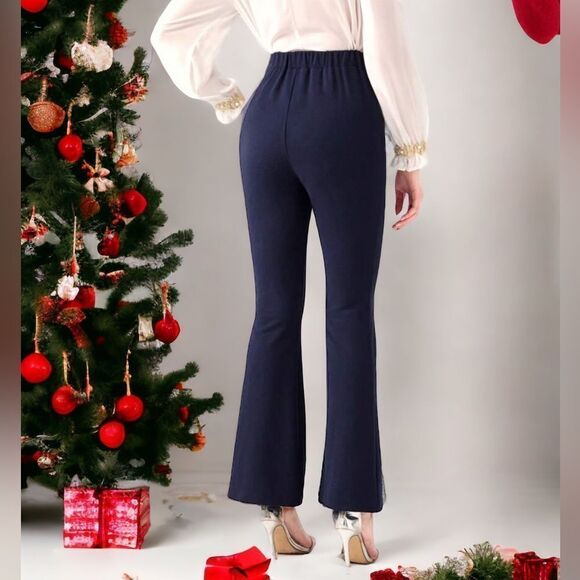 SHEIN NEW MODELY CONTRAST MESH FLARE LEG PANT SPARKLING NAVY BLUE LARGE - Picture 3 of 5